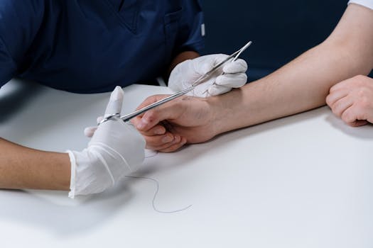 Medical professional suturing an injury on a person's arm with surgical instruments.